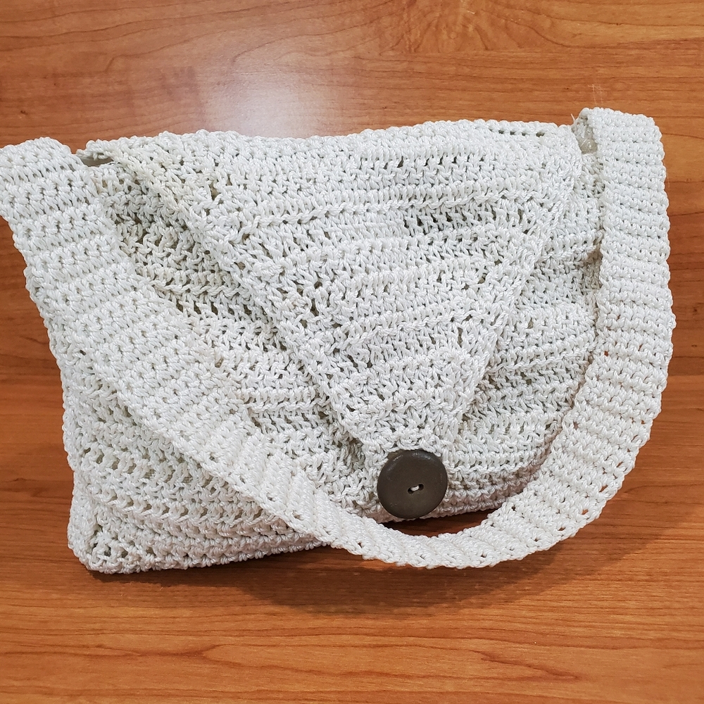 Shoulder Bag White Crochet Fold Over Flap Button